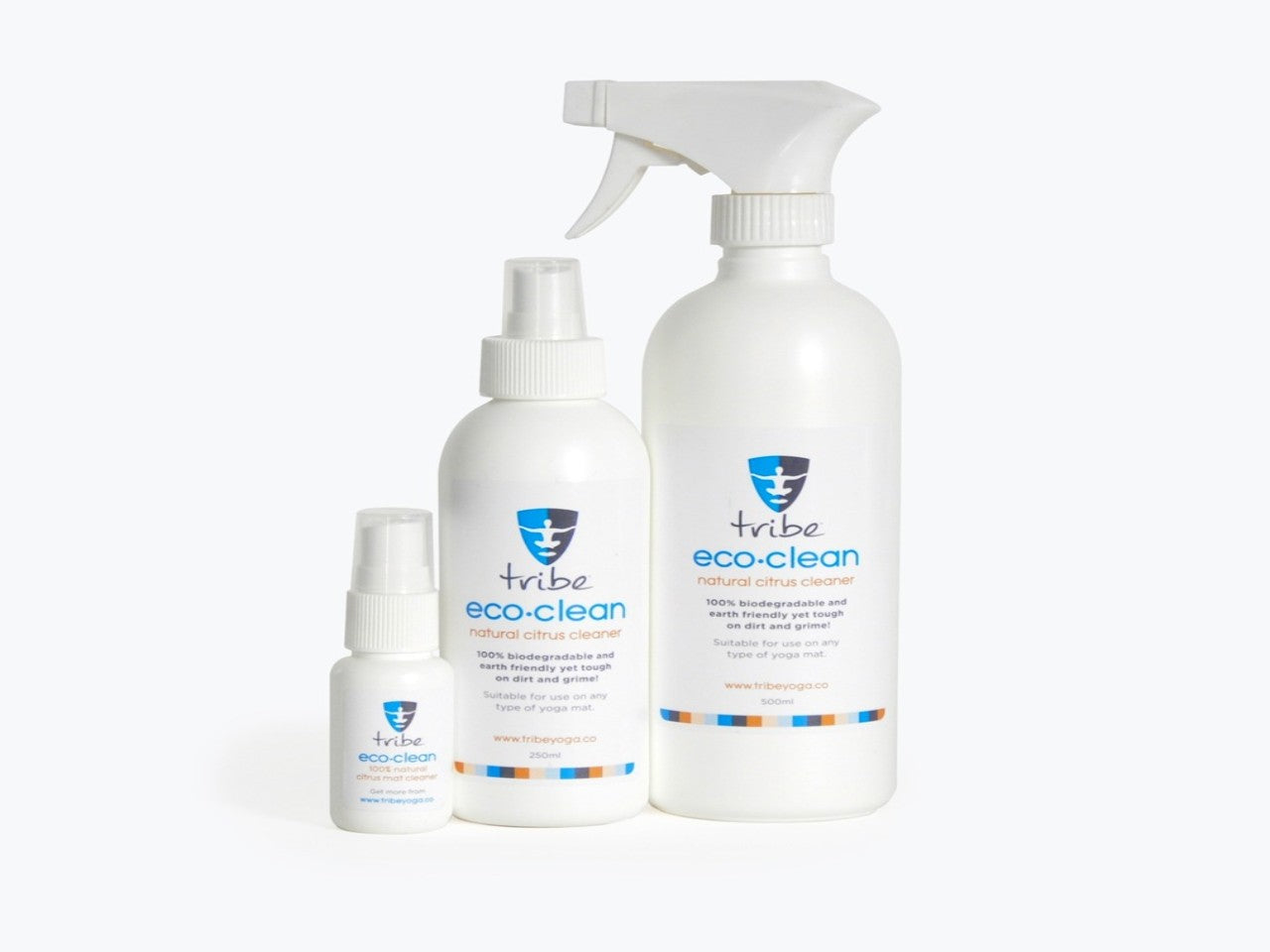 Group shot of Eco Clean yoga mat cleaner spray - 50ml, 250ml, 500ml | TRIBE Yoga