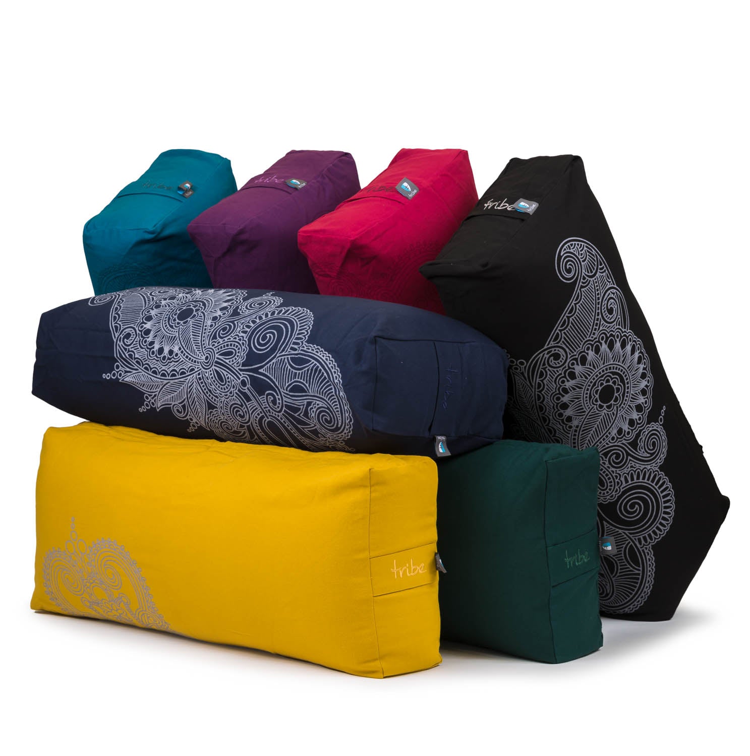 Rectangular Bolsters - Organic Cotton Cover Henna Print Design - group shot of all colours | TRIBE Yoga