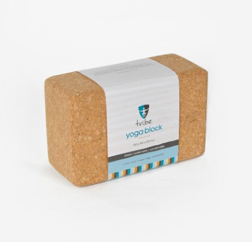 Tribe Cork Yoga Block - standard size sitting horizontal with packaging wrapper | TRIBE Yoga