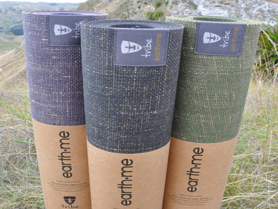 Three Earth Me yoga mats - vertical, side by side - Amethyst, Cosmos, Olive | TRIBE Yoga
