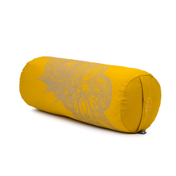 Round Bolster - Organic Cotton Cover Henna Print Design - Gold - 45 degrees angle | TRIBE Yoga