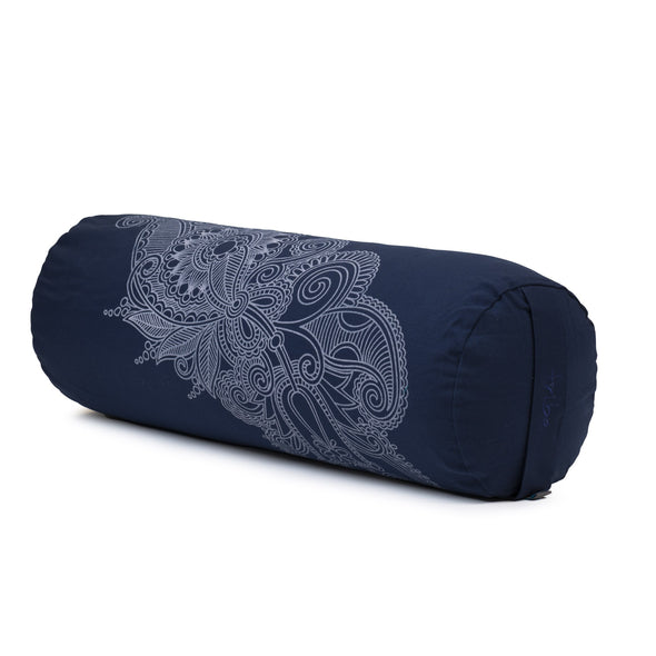 Round Bolster - Organic Cotton Cover Henna Print Design - Navy - 45 degrees angle | TRIBE Yoga
