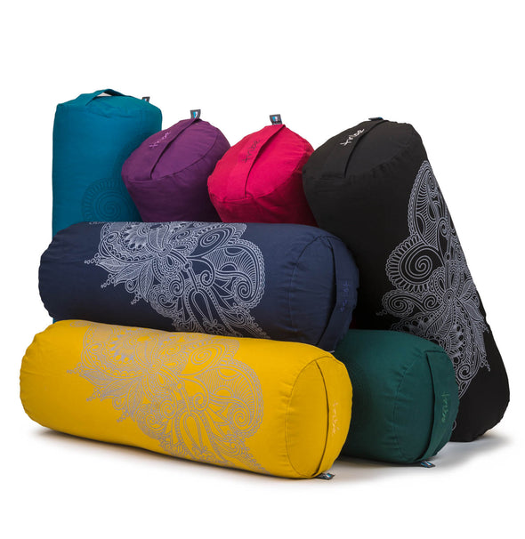 Round Bolsters - Organic Cotton Cover Henna Print Design - group shot of all colours | TRIBE Yoga