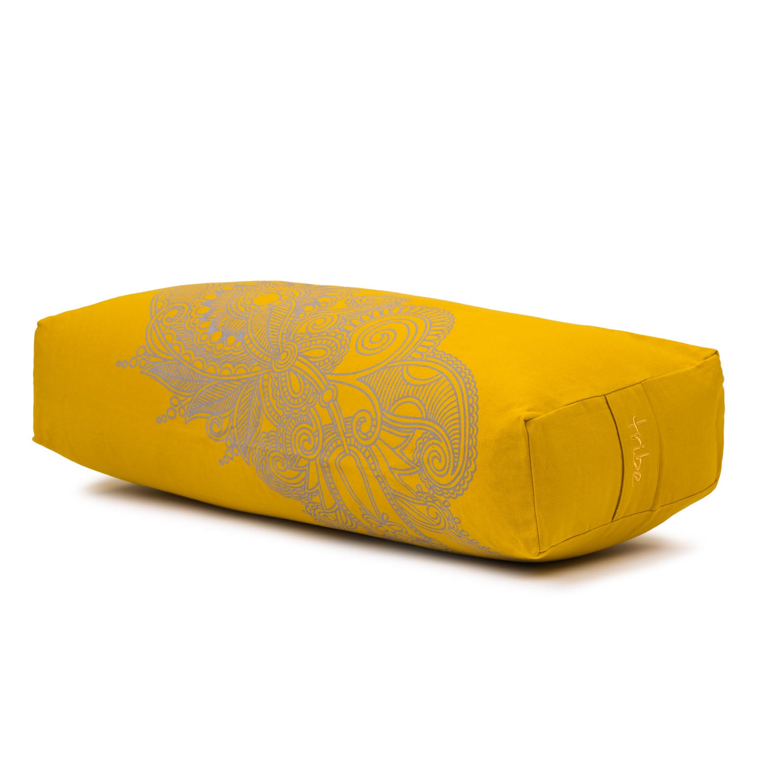 Rectangular Bolster - Organic Cotton Cover Henna Print Design - Gold - 45 degrees angle | TRIBE Yoga