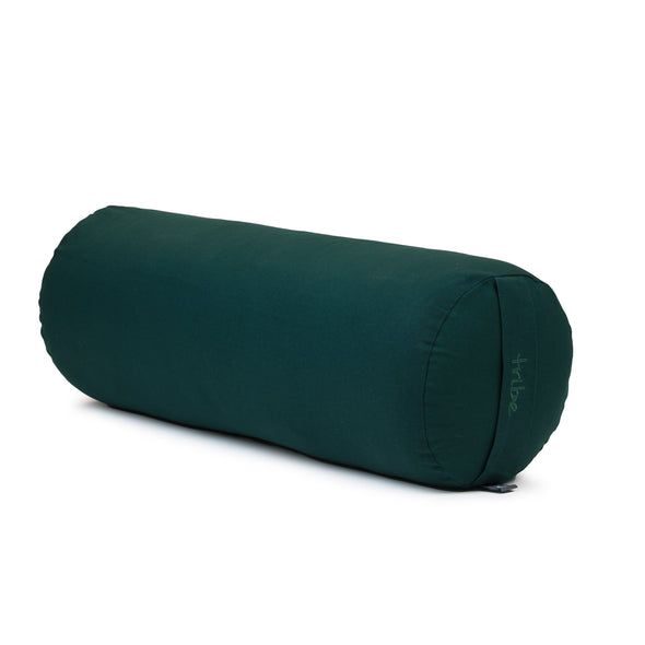 Round Bolster - Organic Cotton Cover - Deep Forest - 45 degrees angle | TRIBE Yoga
