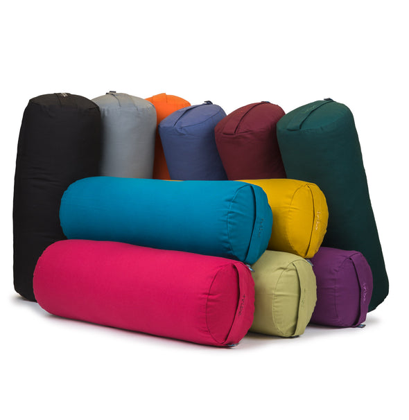 Round Bolsters - Organic Cotton Cover - group shot of assorted colours | TRIBE Yoga