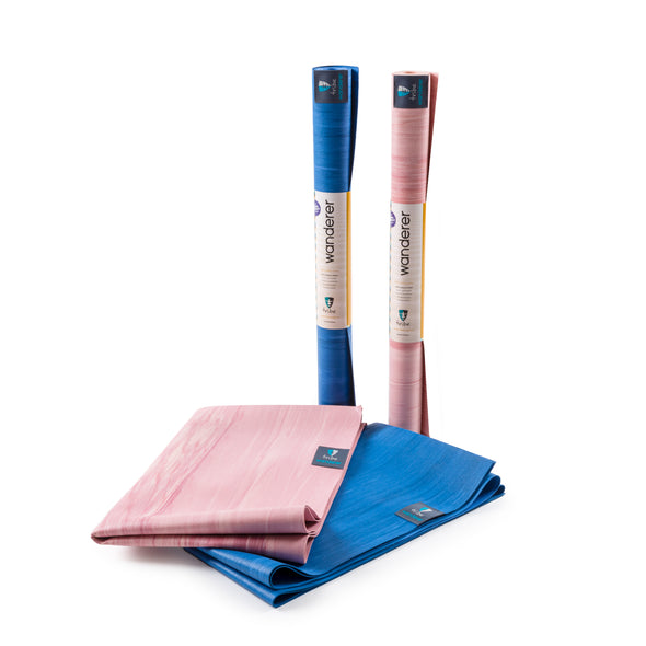 Wanderer Travel Yoga Mat - Pink Marbled & Blue Marbled - sleeved & folded | TRIBE Yoga