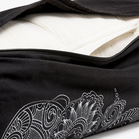 Round Bolster - Organic Cotton Cover Henna Print Design - Cosmos - outer cover unzipped showing inner cover | TRIBE Yoga
